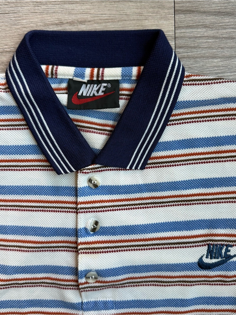 Vintage Nike Striped Polo Shirt Short Sleeve Blue Rust Brown White